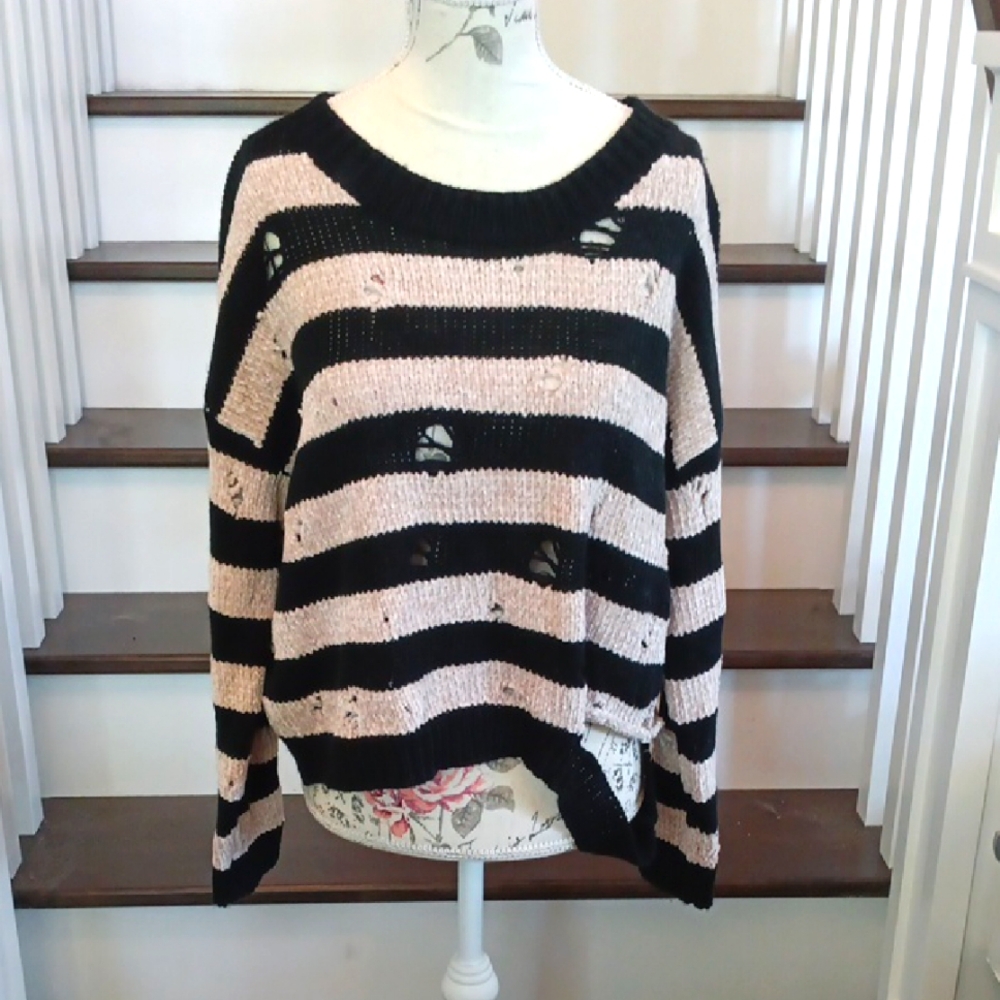 ! Olia striped black and cream Distressed Sweater